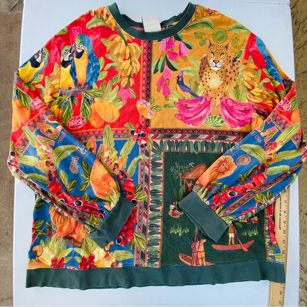 FARM Rio Anthropologie Brazil Jungle Leopard Parrot Sweatshirt Top women’s xl - Picture 2 of 16